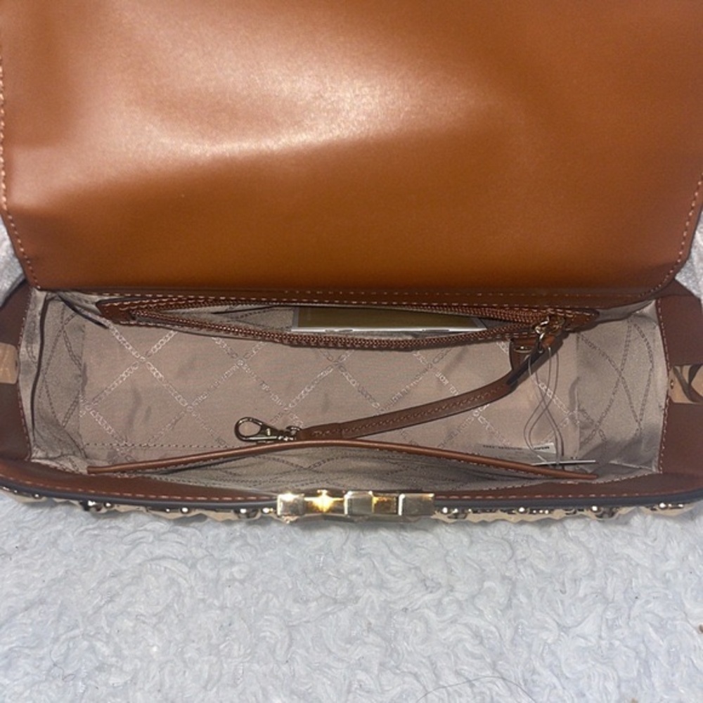New Michael Kors Karlie Medium Studded Signature Logo Satchel in Chestnut Brown - Picture 15 of 17